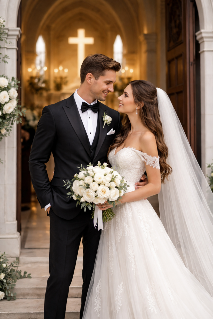 20260126 1202 christian wedding couple simple compose 01kfwg0kw5eh0v535t74kc673v