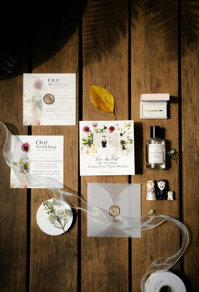 Stylish wedding invitation set arranged with perfume and decor on wooden background.